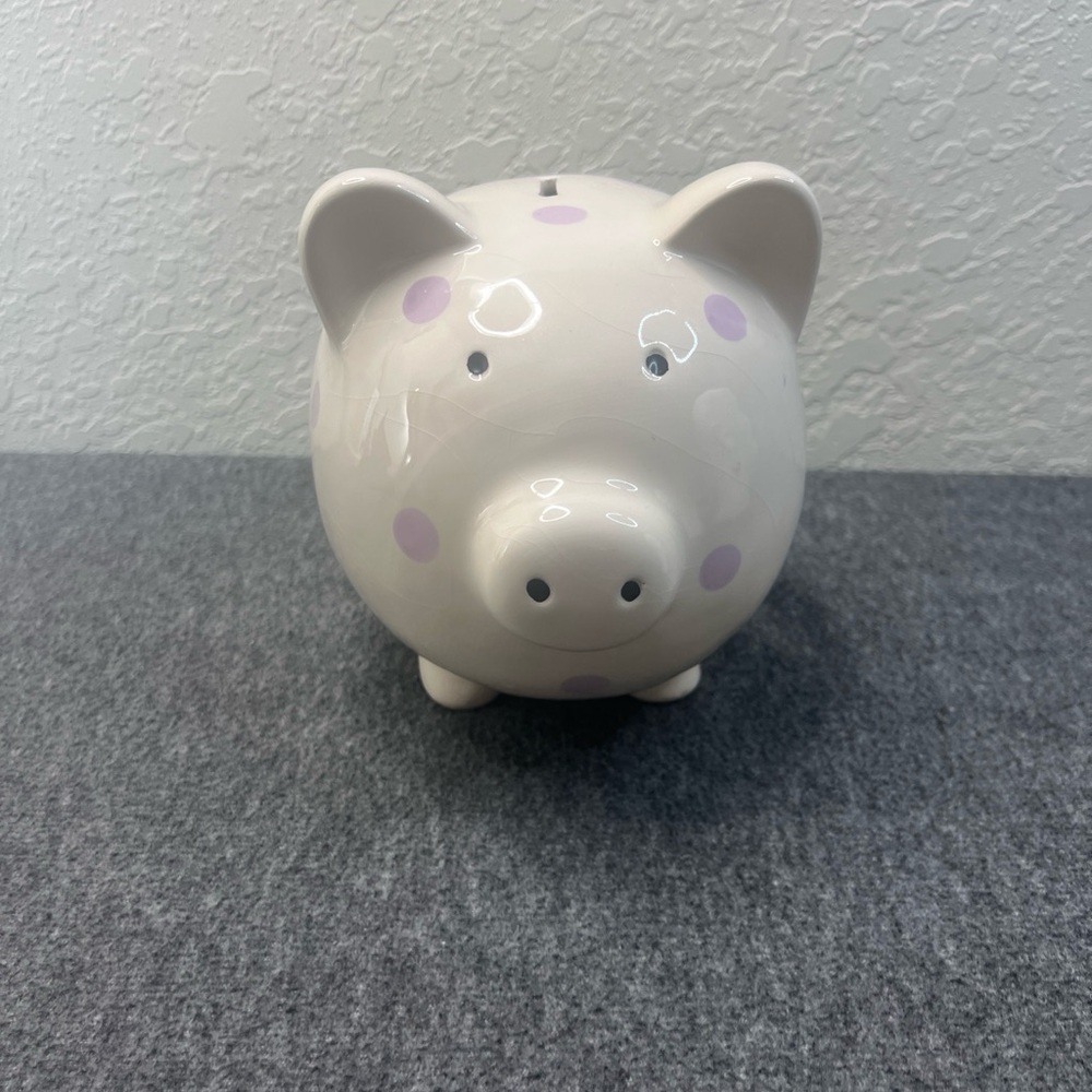 Vintage - Ceramic Piggy Bank With Purple Polka Dots